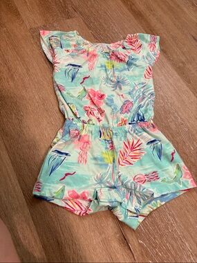 Girls' Aqua Tropical Print Romper